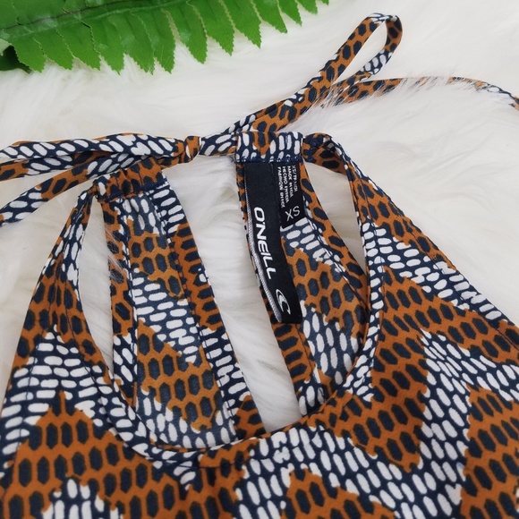 O'Neill Blue Geometric White Blue Brown Pattern Halter Skater Tank Top Neck Tie - Picture 4 of 8